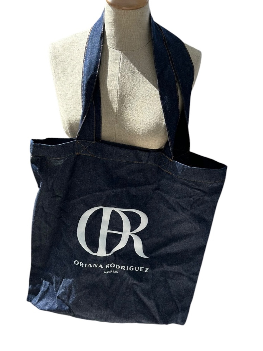 Oriana Rodriguez Mexico denim blue white cotton shopping tote bag